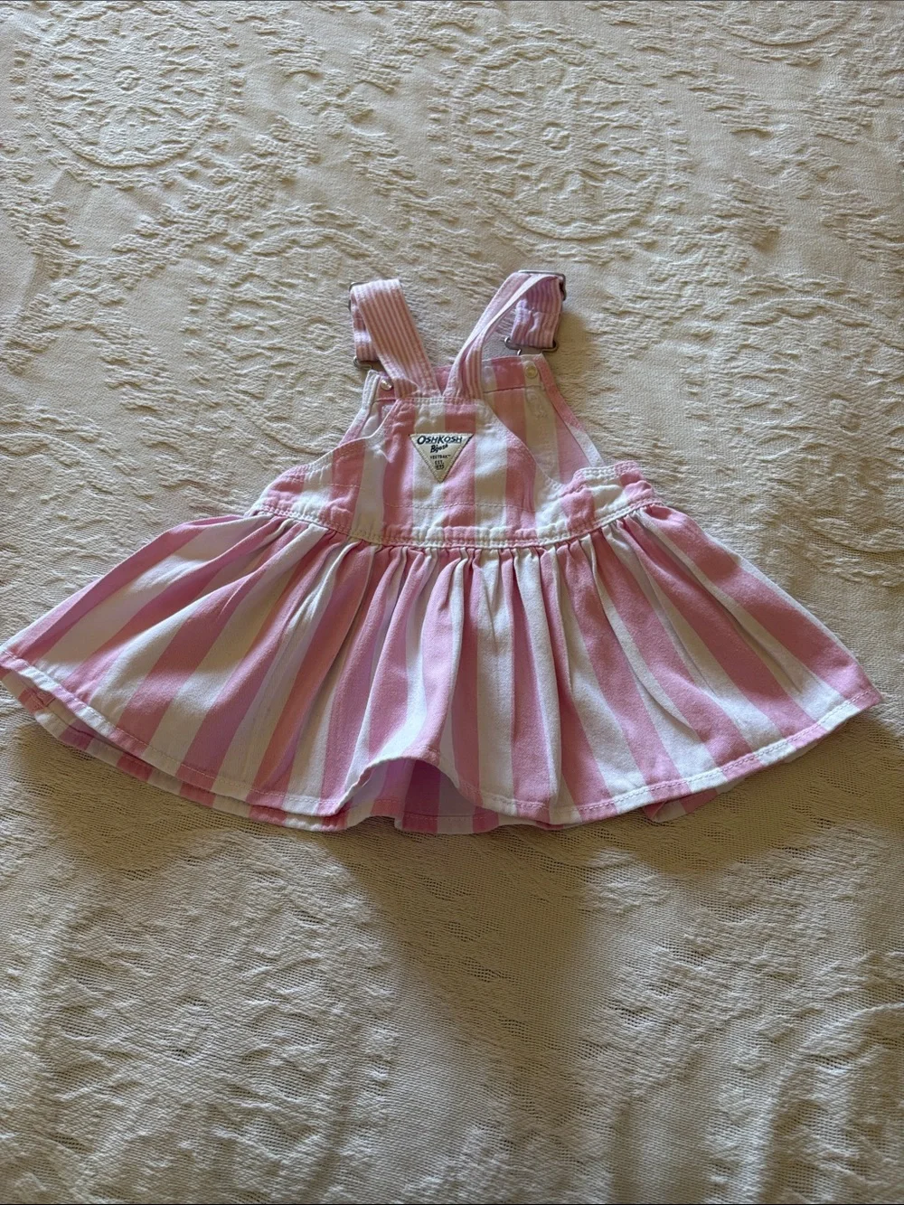 OshKosh B'gosh Pink and White Striped Skirted Overalls EUC 18M